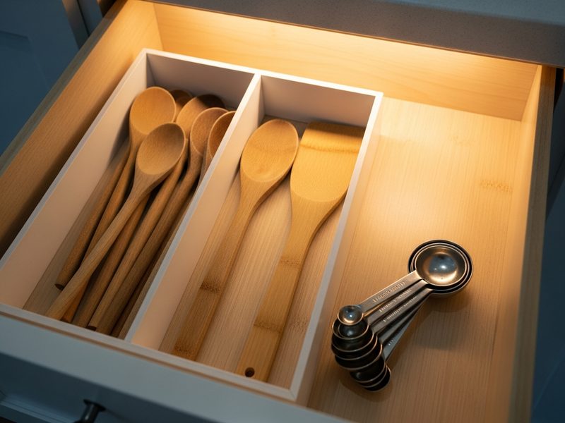 Organized kitchen drawers and counter storage