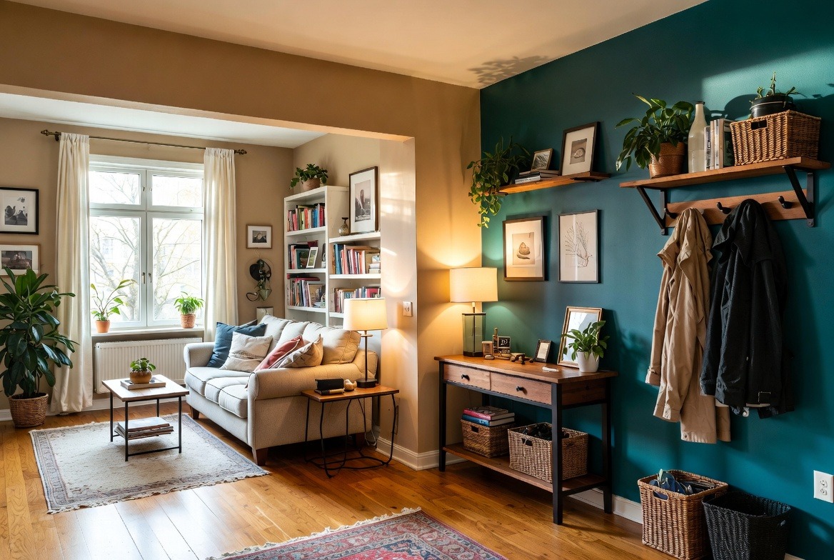 A warm lived-in living room with storage, hooks, plants, and soft natural light