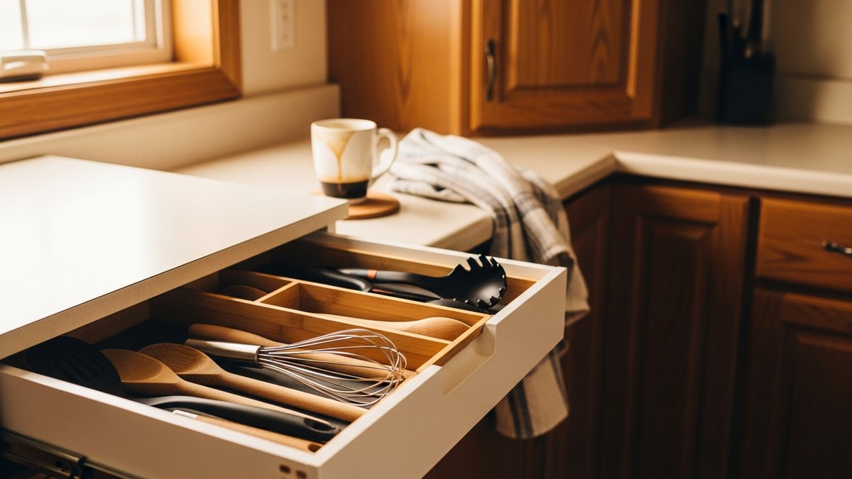 A real kitchen counter with a drawer organizer in use — slightly cluttered, warm morning light