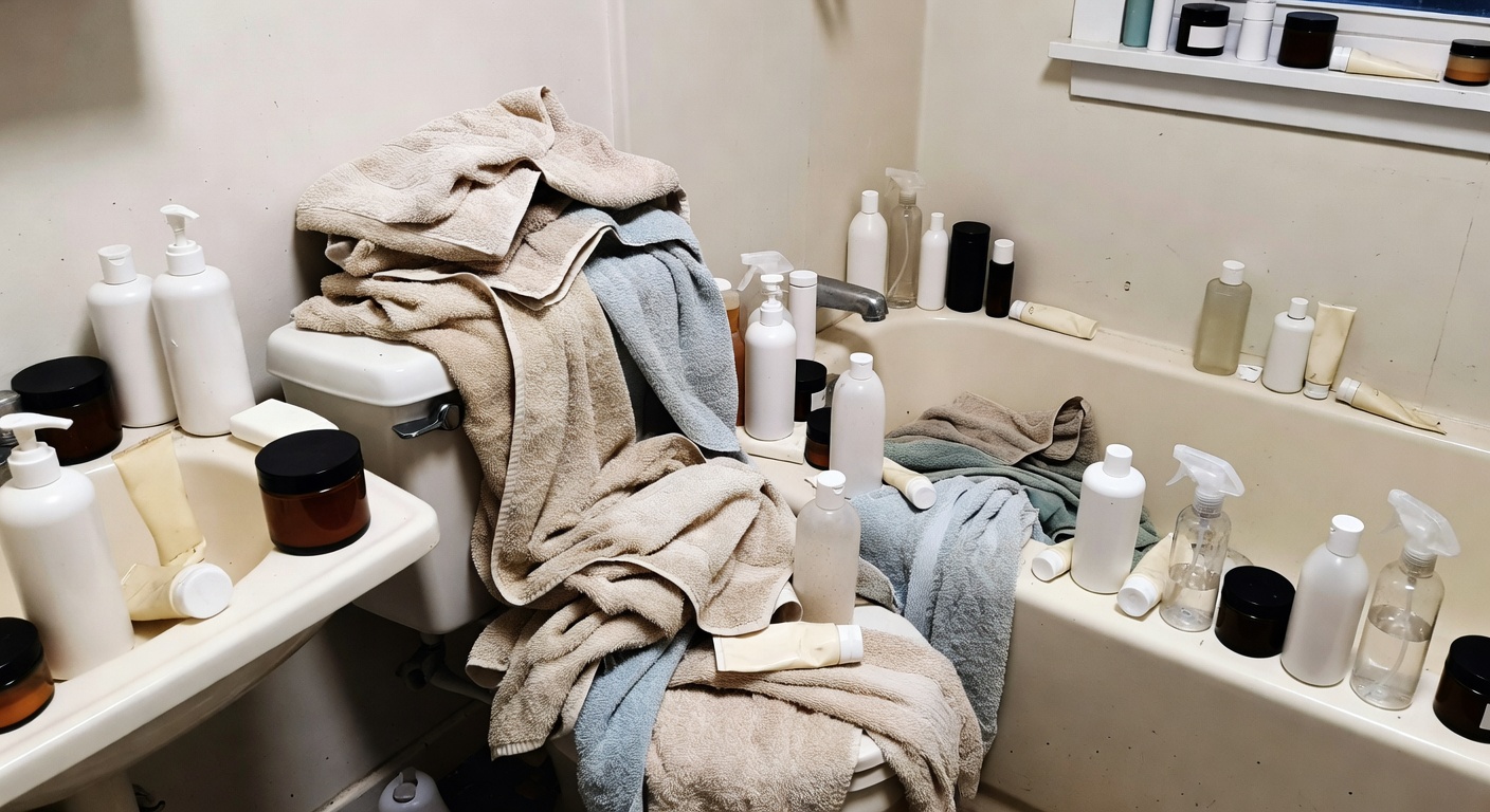 Empty wall space above a toilet with bathroom supplies crowded on the counter and floor