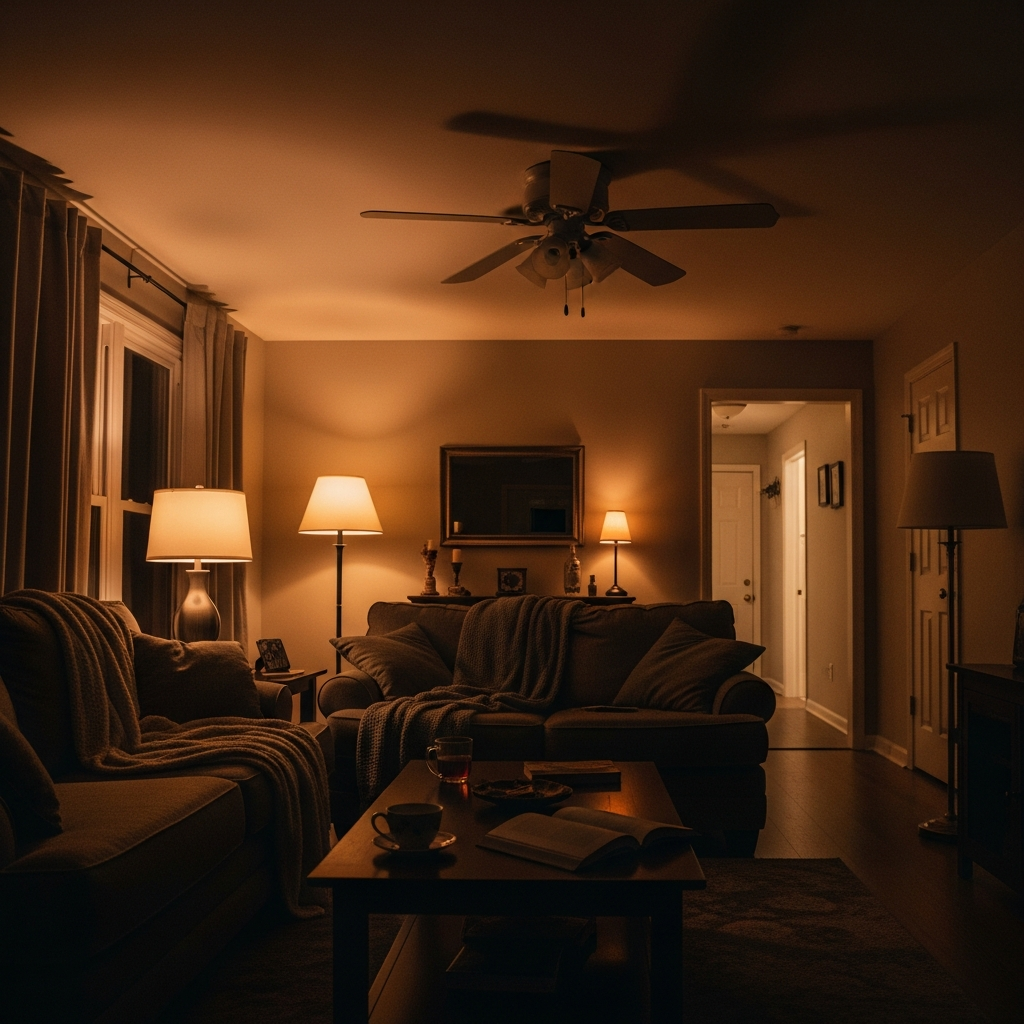 Lamp and small appliances plugged in around a cluttered living space at dusk