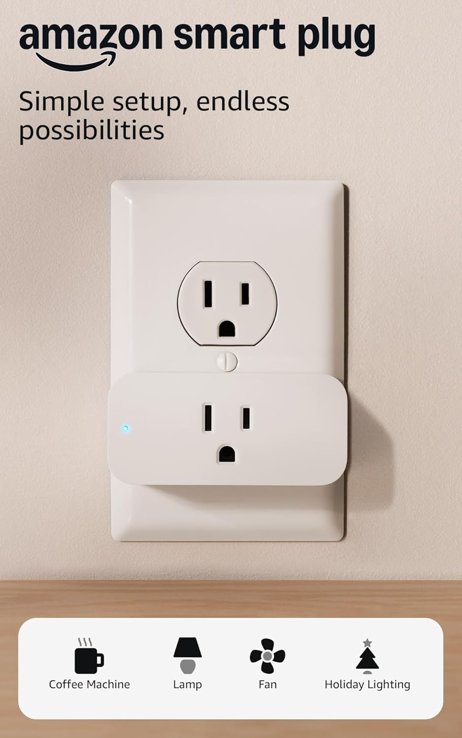 Amazon smart plug in a wall outlet controlling a table lamp in a real home
