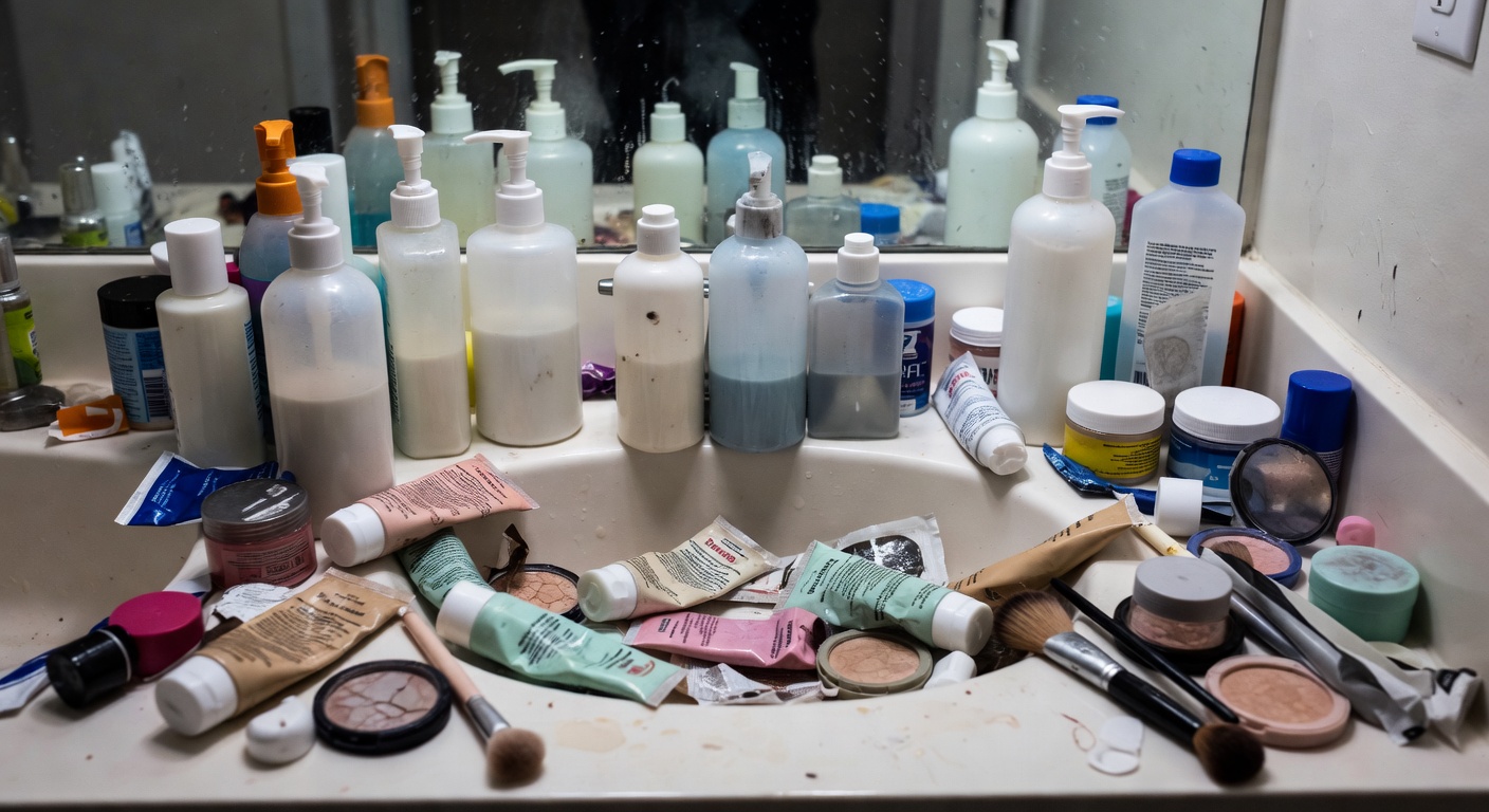 Crowded bathroom vanity with skincare bottles, makeup, and toiletries packed tightly together