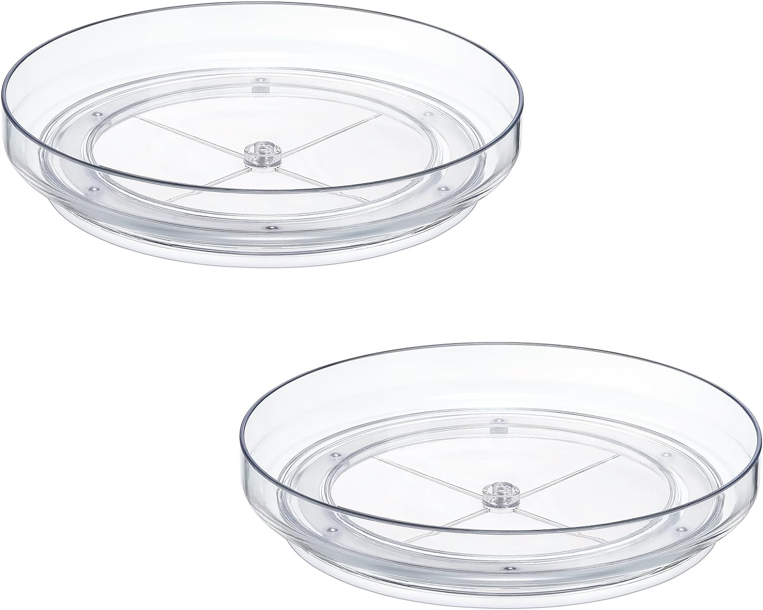 Clear lazy Susan organizers on a bathroom vanity holding skincare, cosmetics, and hair products neatly