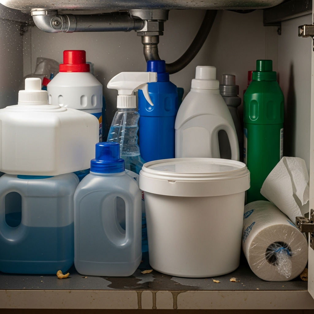 Under-sink cabinet with bulky dishwasher detergent containers and plastic-heavy cleaning packaging
