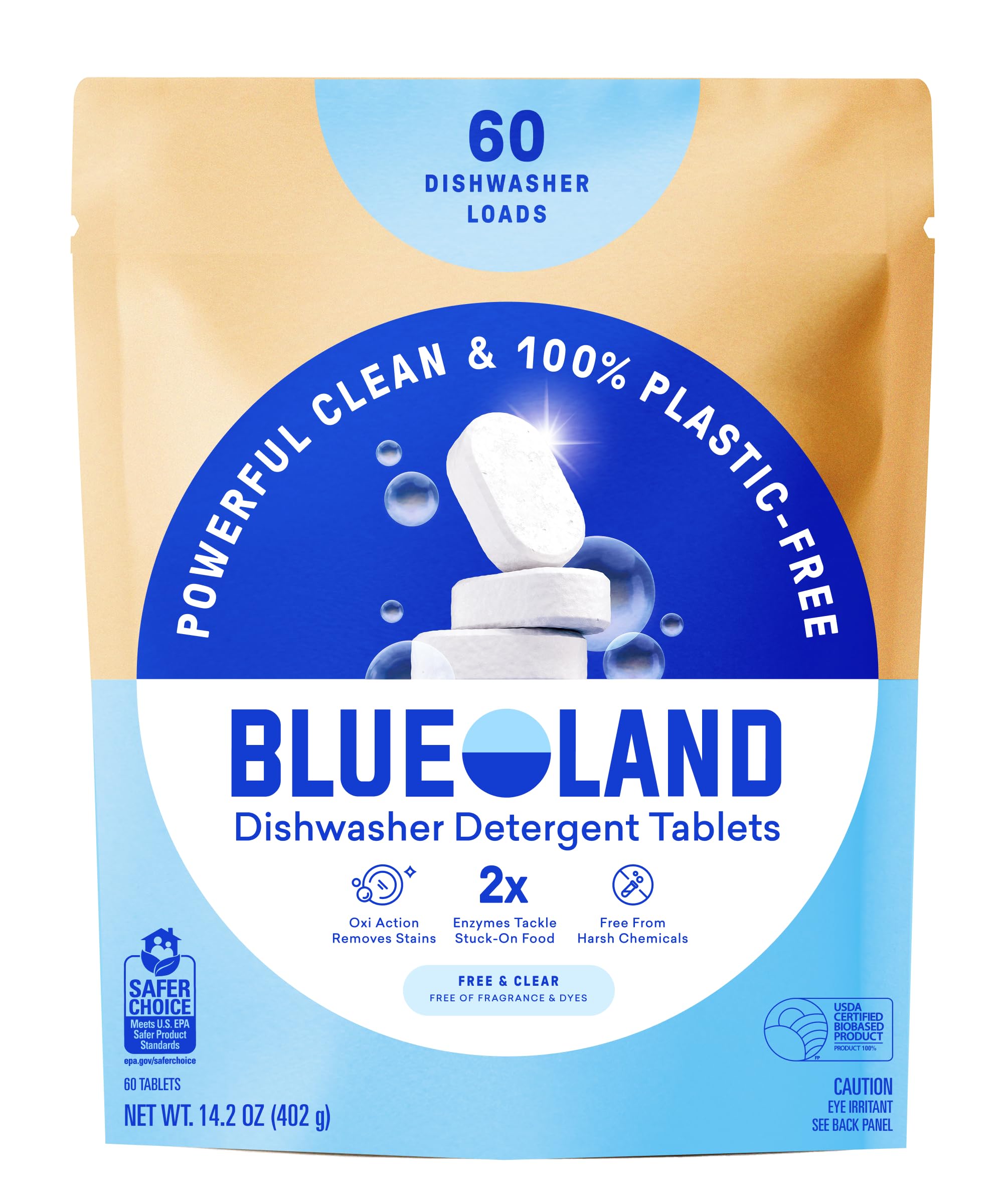 Blueland dishwasher tablets next to dishes and a tidy kitchen cleanup setup