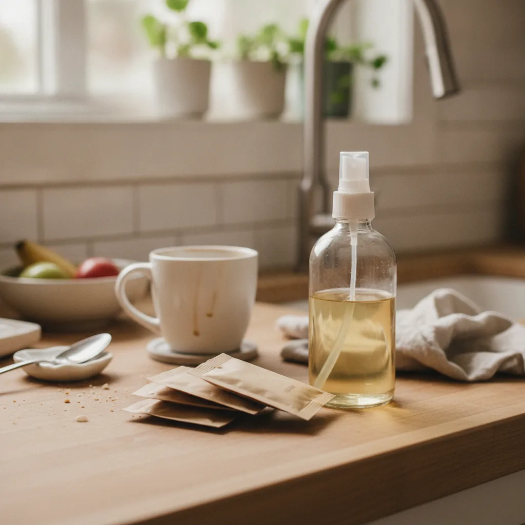 Reusable spray bottle and paper tablet refill packets on a lived-in kitchen counter