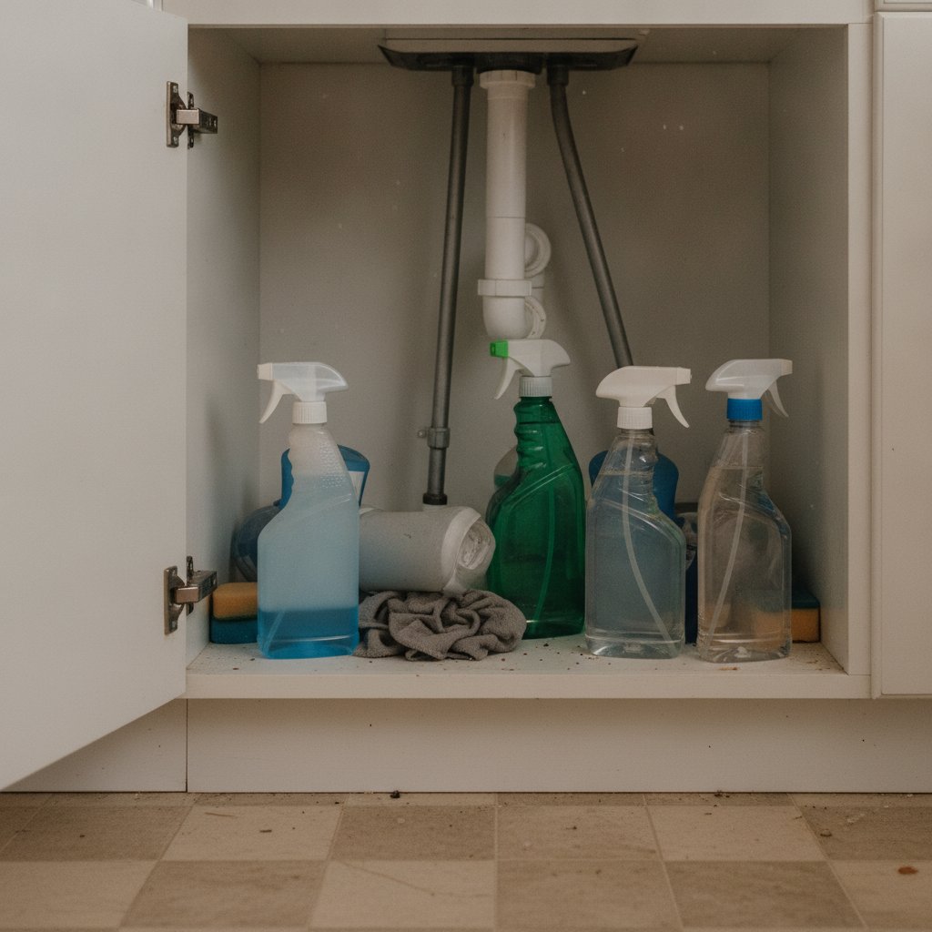 Open under-sink cabinet crowded with plastic multi-surface spray bottles and cleaning supplies