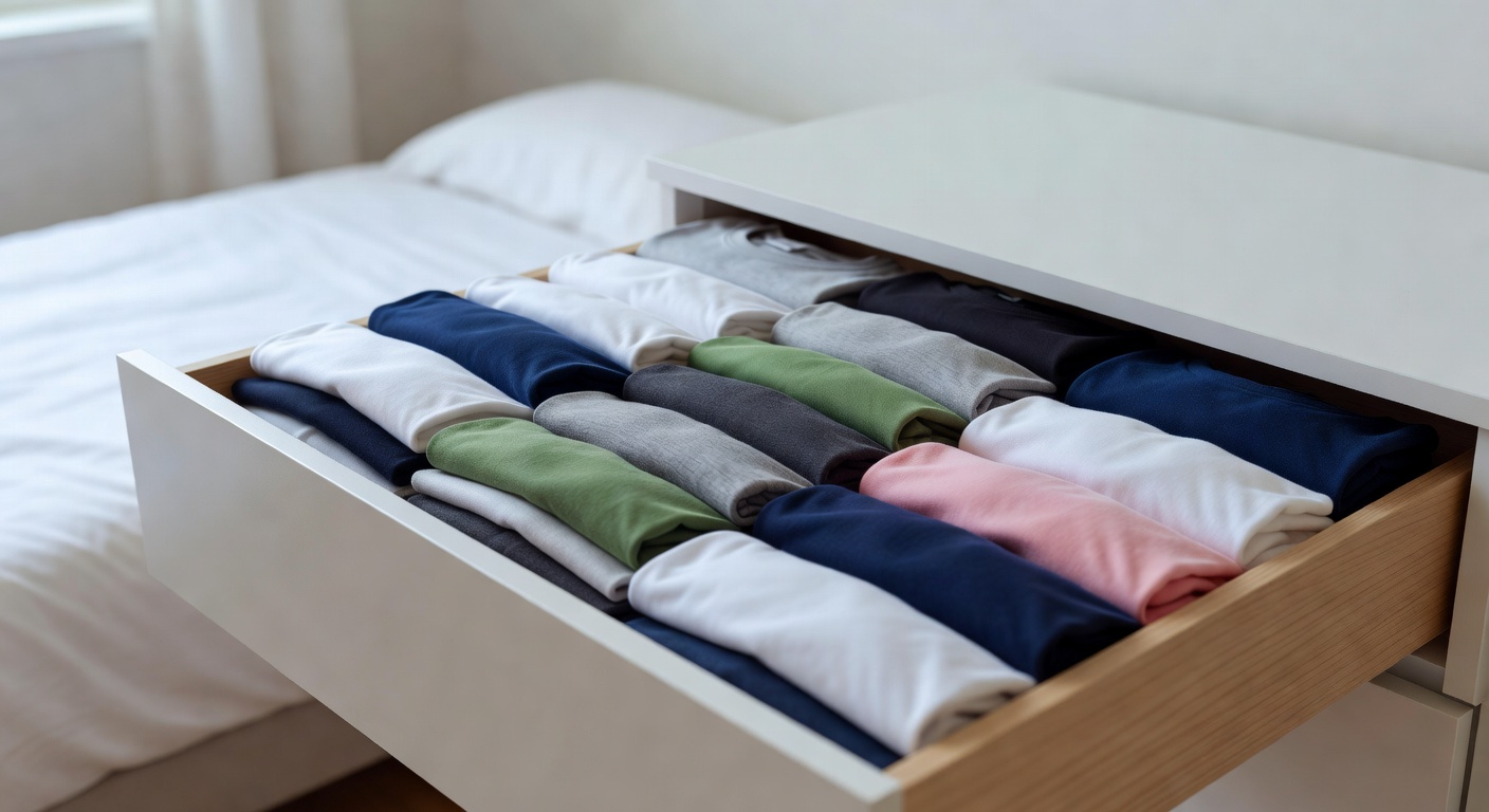BoxLegend V3 shirt folder board on a table next to a neatly folded stack of t-shirts in uniform sizes