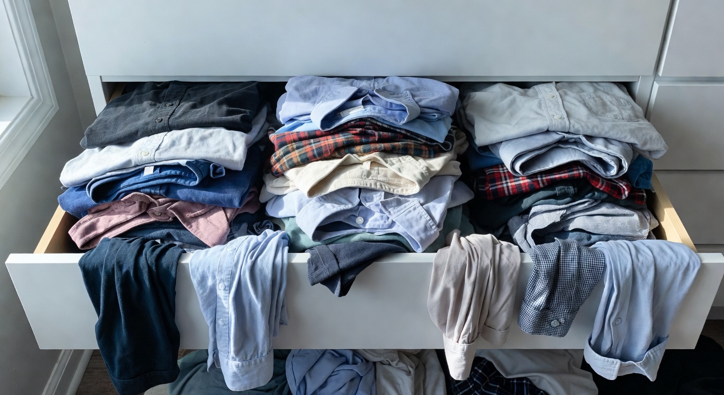 Messy t-shirt drawer with shirts in different fold sizes and wrinkled edges