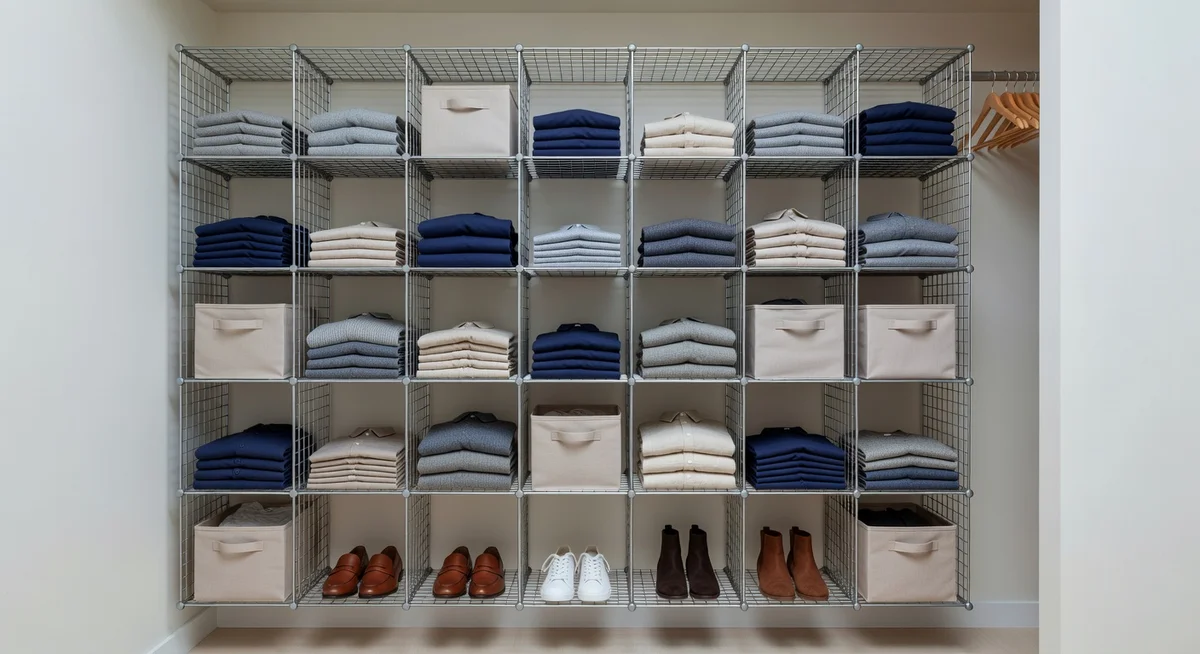 C&AHOME 12-cube wire storage organizer assembled in a bedroom closet with folded clothes and bins