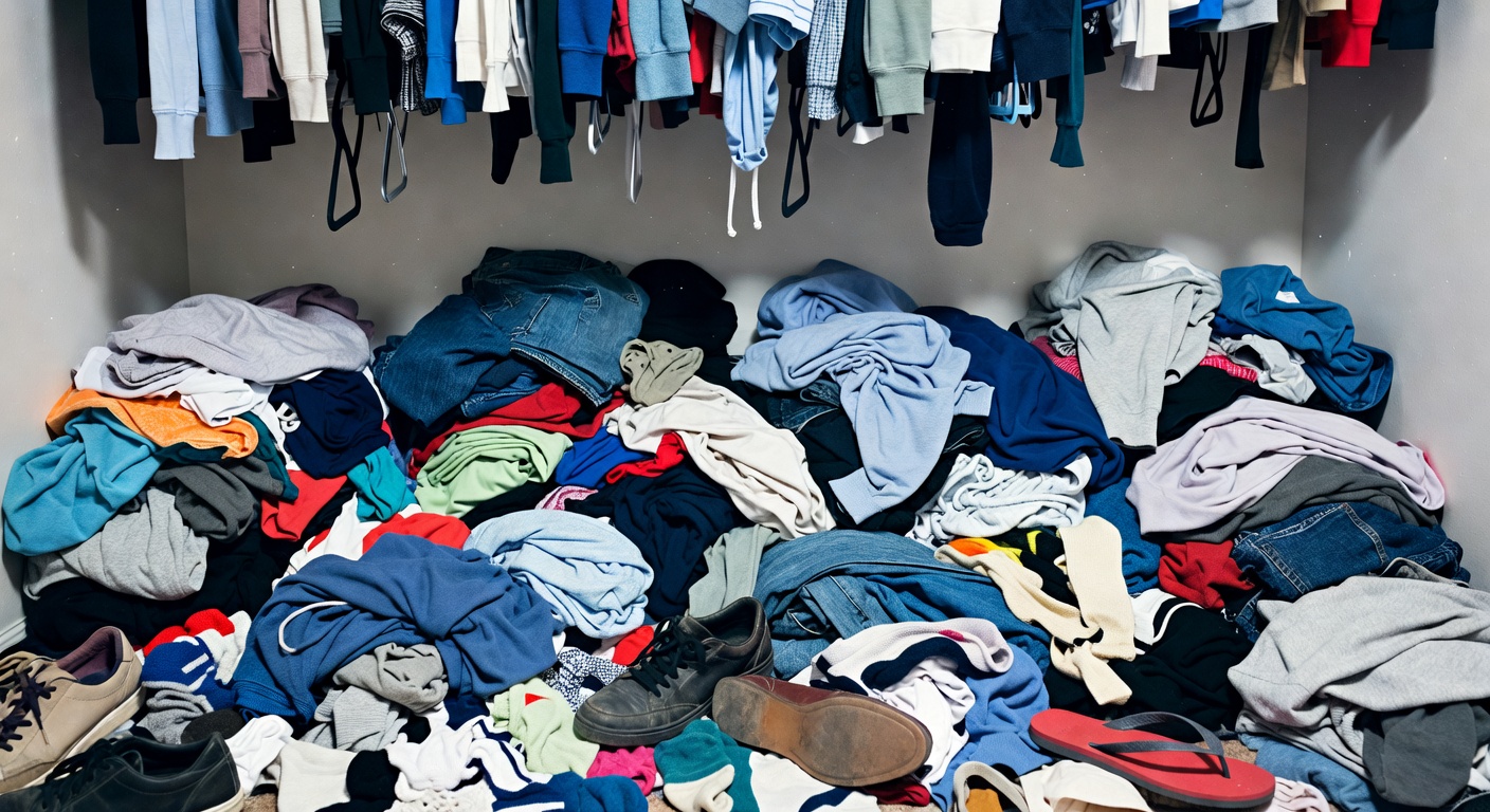 Pile of clothes on a closet floor with shoes scattered underneath hanging garments