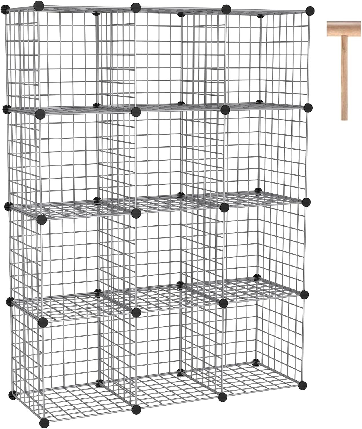 C&AHOME 12-cube wire organizer set up in a closet with folded sweaters, jeans, and fabric bins in each cube