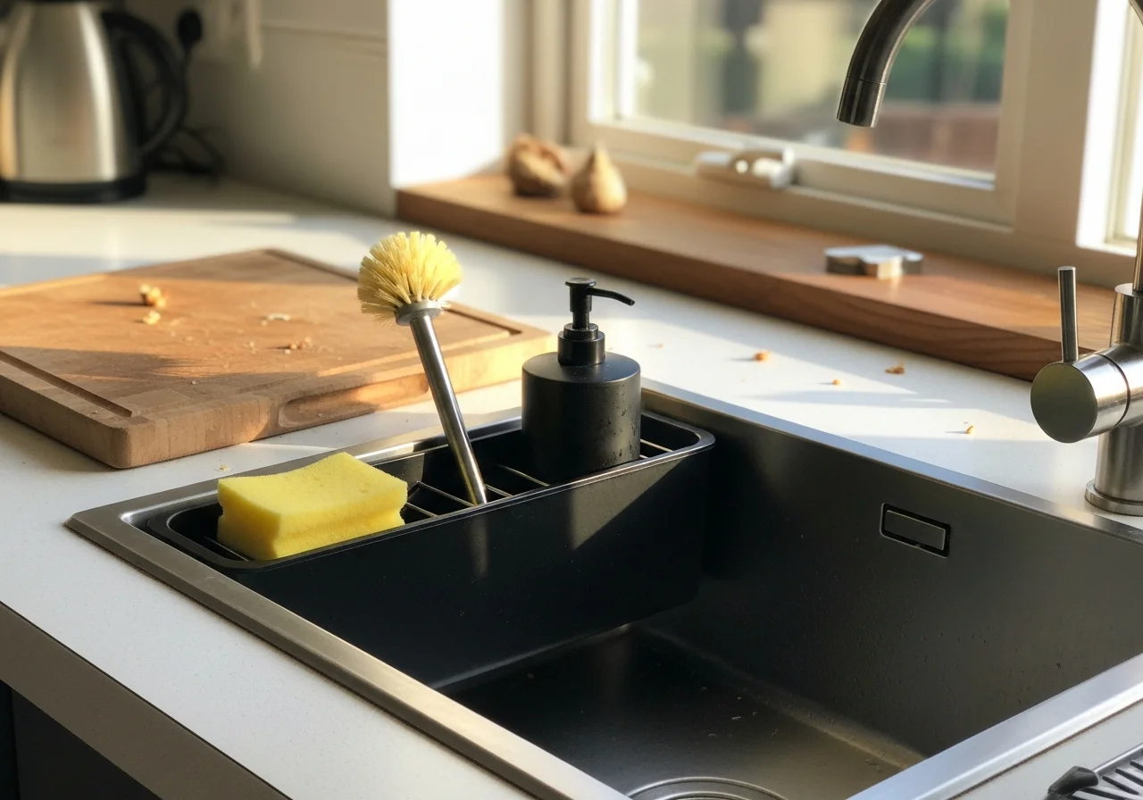Black stainless steel sink caddy holding sponge and soap dispenser at a clean kitchen sink