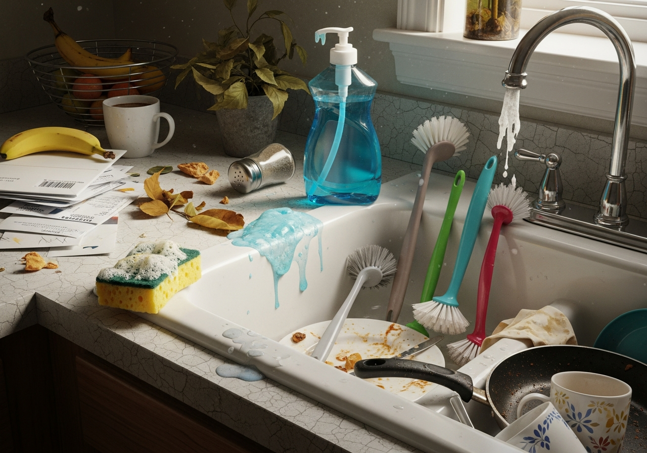 Cluttered kitchen sink area with soggy sponge on edge, soap residue rings, and scattered dish brushes