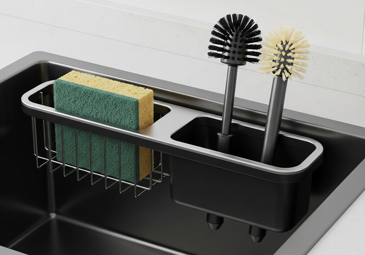 Sleek black stainless steel sink organizer caddy with sponge and brush in compartments, water draining through the bottom