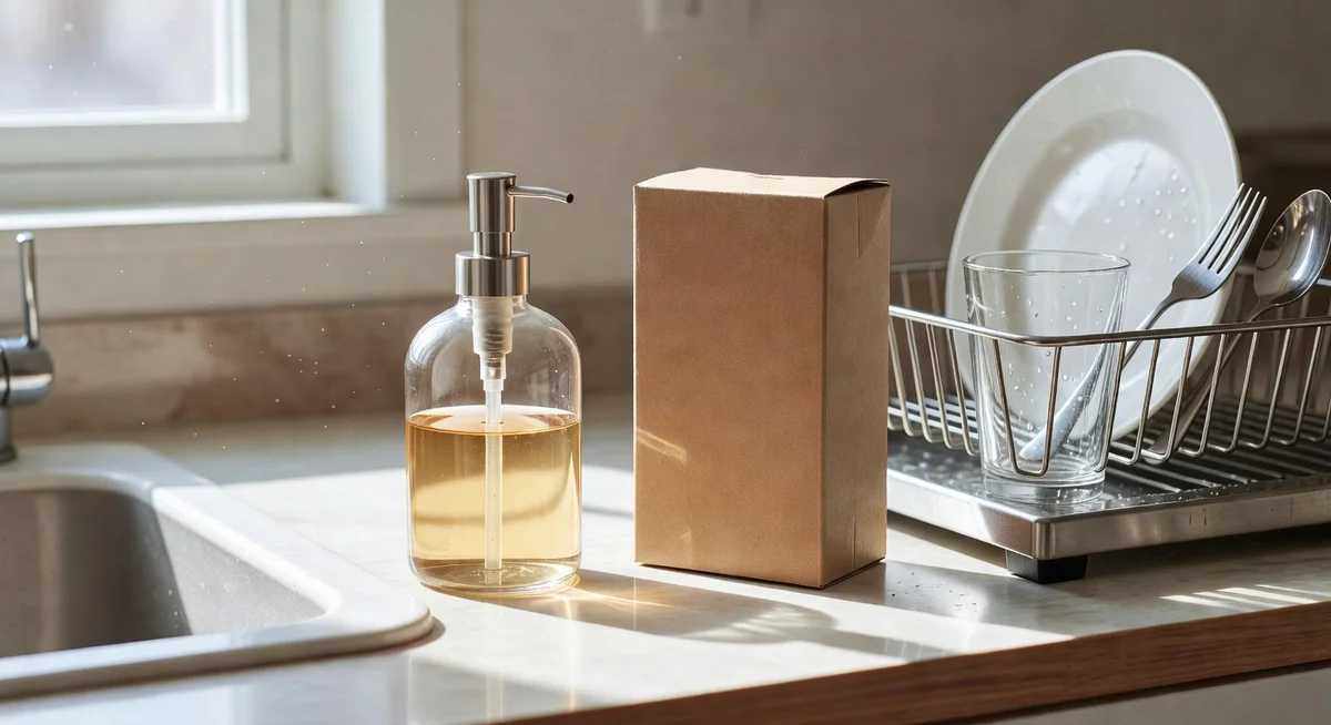 Collection of empty plastic dish soap bottles lined up under a kitchen sink