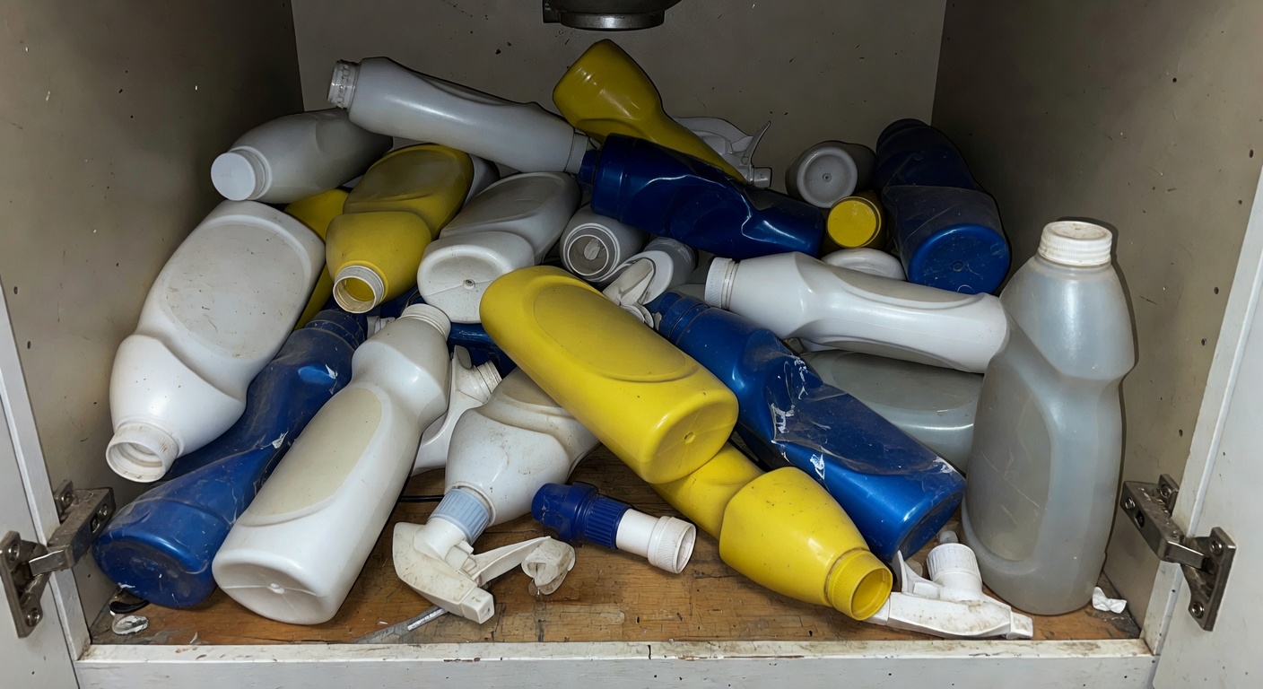 Cluster of empty plastic cleaning bottles under a kitchen sink cabinet