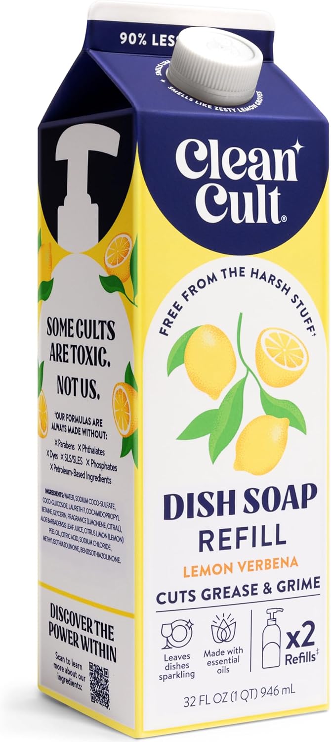 Cleancult dish soap refill carton next to a glass dispenser on a kitchen counter