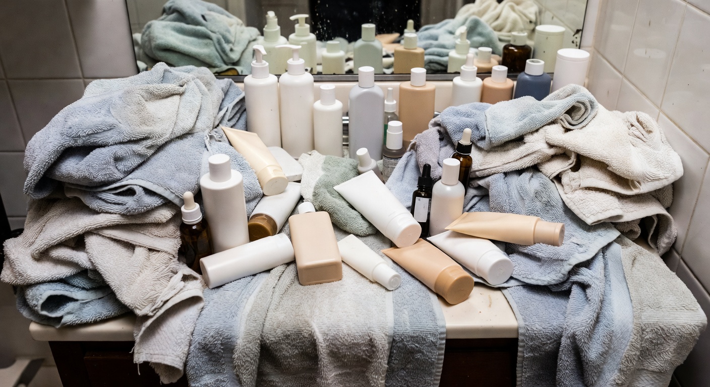Bathroom with towels stacked on the floor and cluttered counter with no storage cabinet