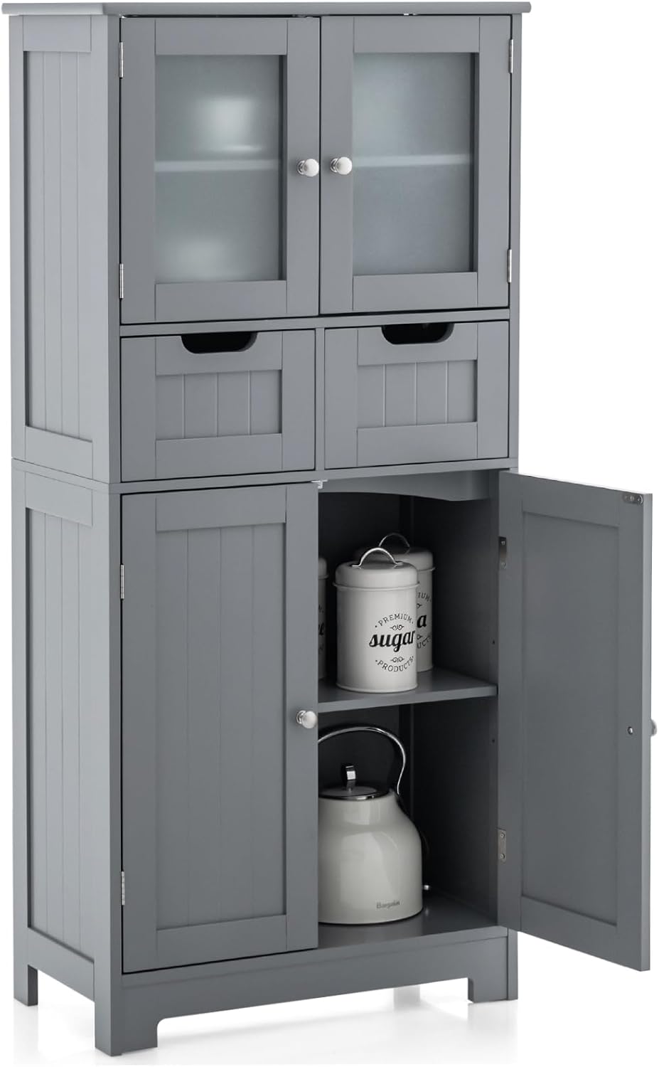 COSTWAY bathroom cabinet assembled showing glass doors with towels inside and drawers partially open