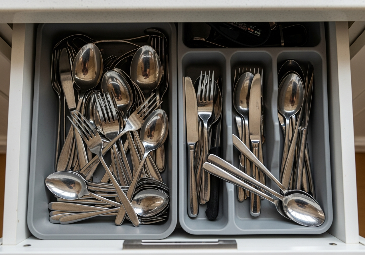 Messy kitchen drawer with tangled silverware and sliding plastic organizer