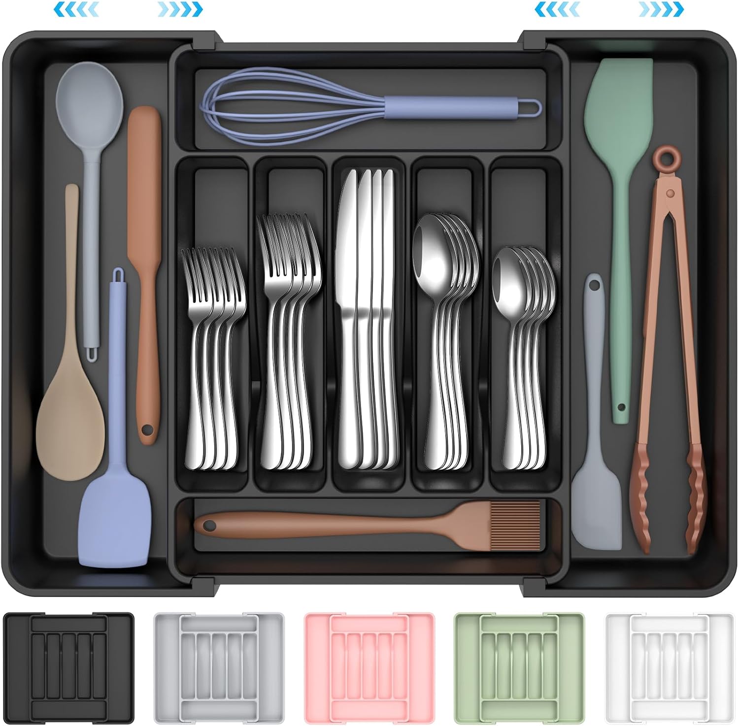 Expandable silverware organizer with sorted cutlery in kitchen drawer