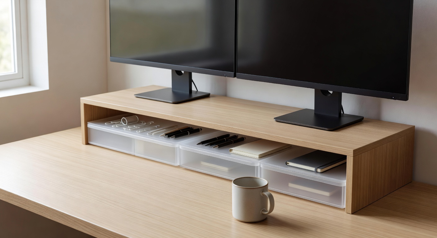 Fenge dual monitor riser on a clean desk with organized drawers and two monitors at ergonomic height