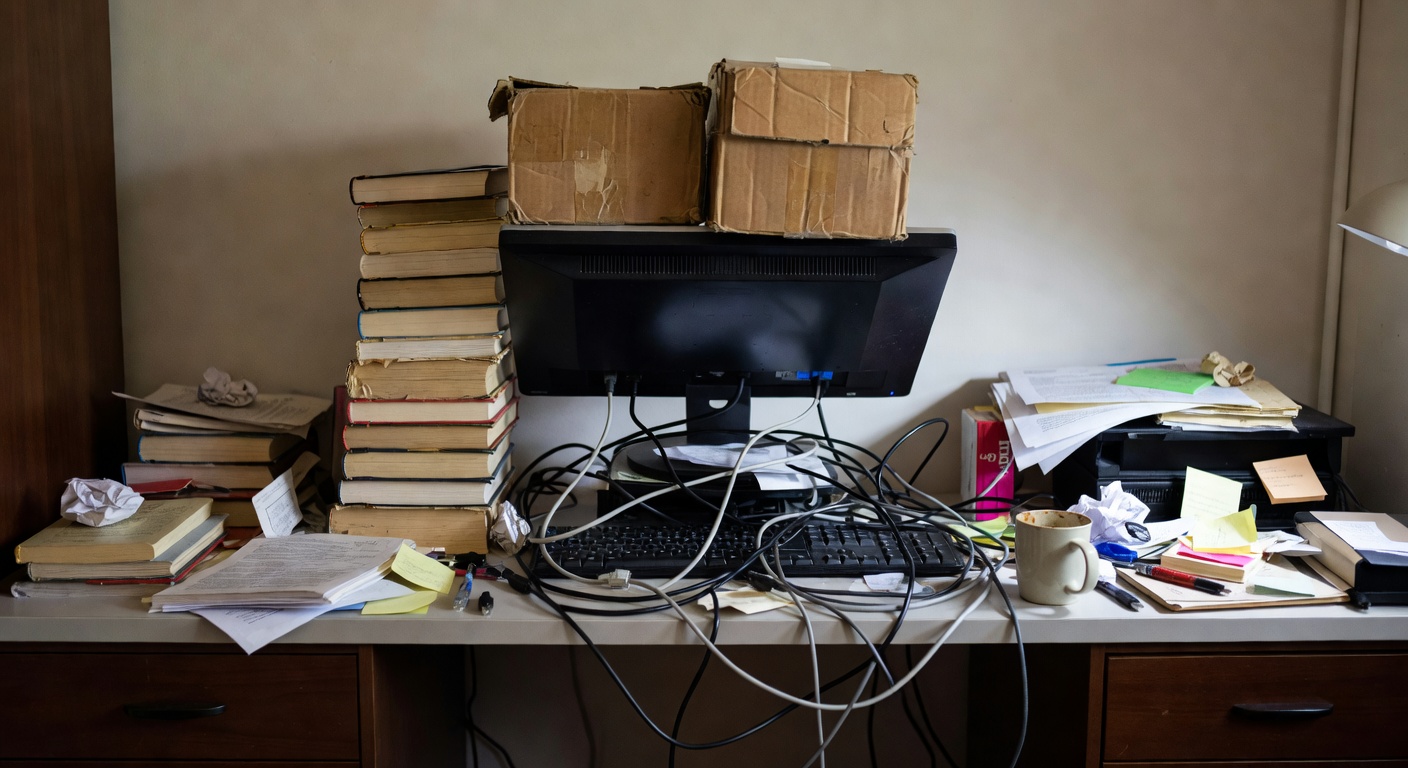 A cluttered desk with monitors sitting too low and items piled underneath