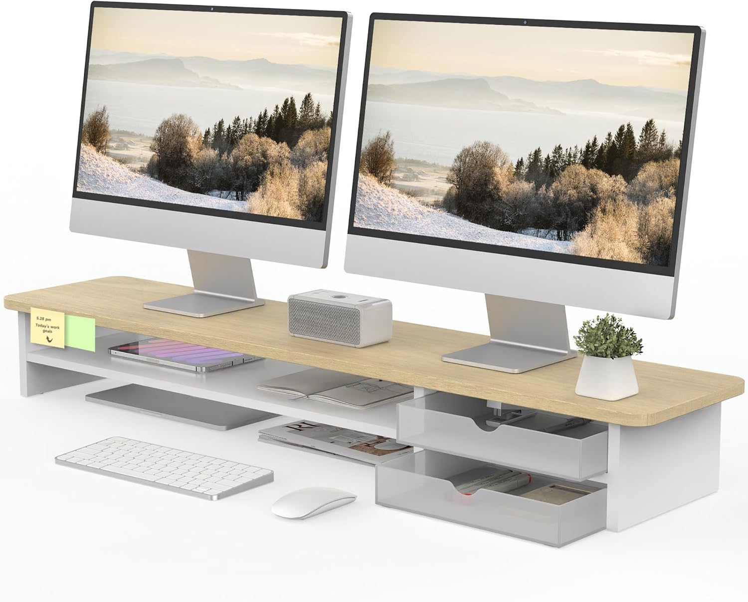 Fenge dual monitor stand riser on a clean desk showing two monitors at ergonomic height with frosted acrylic drawers