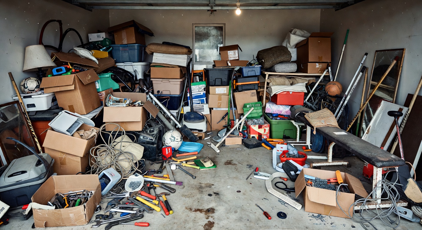 Cluttered garage floor with boxes and equipment blocking the car from fitting inside