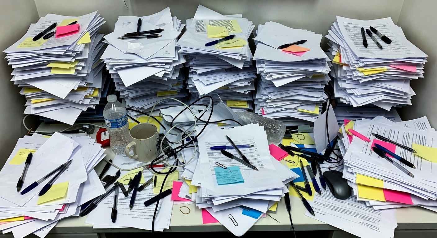 Home office desk buried under stacks of paper, loose pens, and scattered mail with no organization system