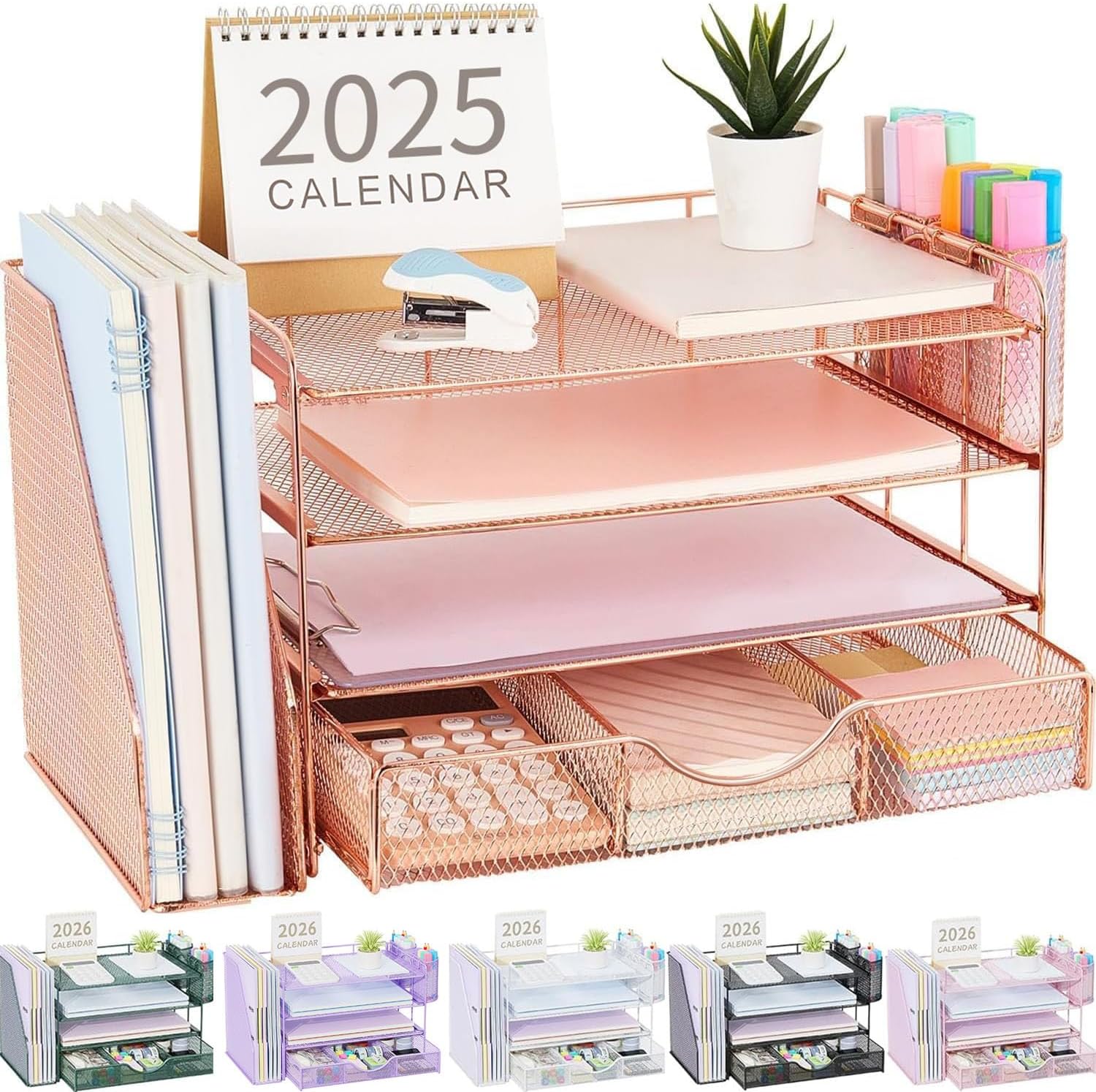 gianotter 4-tier metal mesh desk file organizer with letter trays, pen holders, and sliding drawer on a home office desk