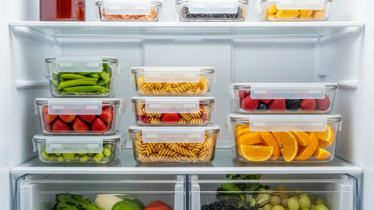 Glass food storage containers stacked in refrigerator with clear lids showing contents