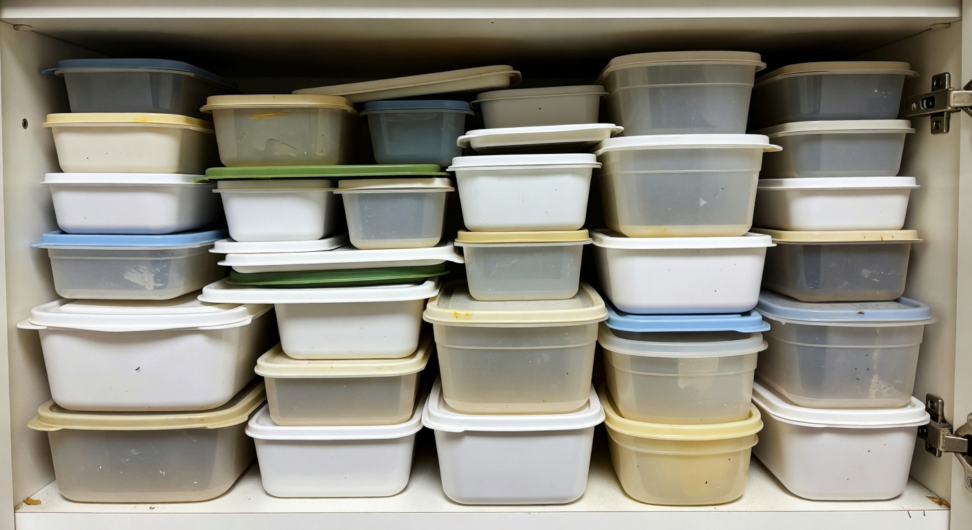 Mismatched plastic food containers and lids piled in kitchen cabinet