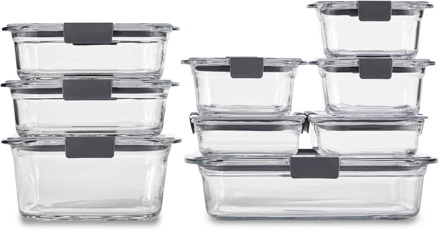 Matching Rubbermaid Brilliance glass-clear containers stacked neatly on kitchen shelf