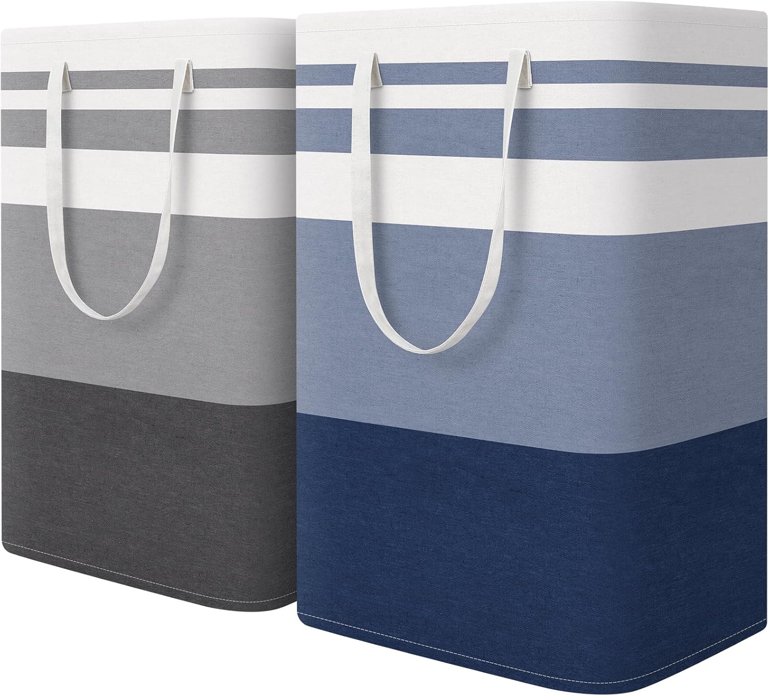 HomeHacks collapsible laundry hampers standing open in a bedroom, showing cotton-flax exterior and metal frame top