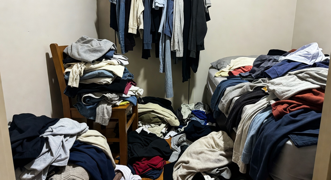 Cluttered bedroom corner with clothes draped over chairs and stacked on the floor for lack of closet space