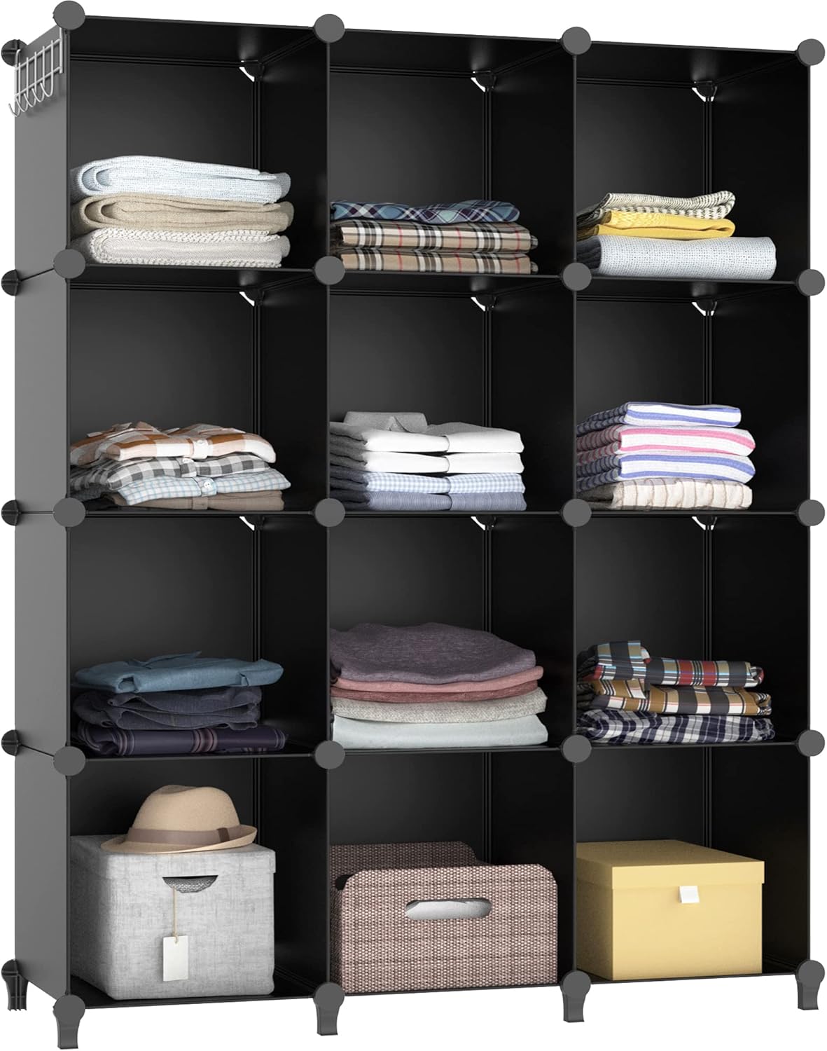 HOMIDEC 12-cube organizer assembled with fabric bins, folded clothes, and shoes organized across the cubes