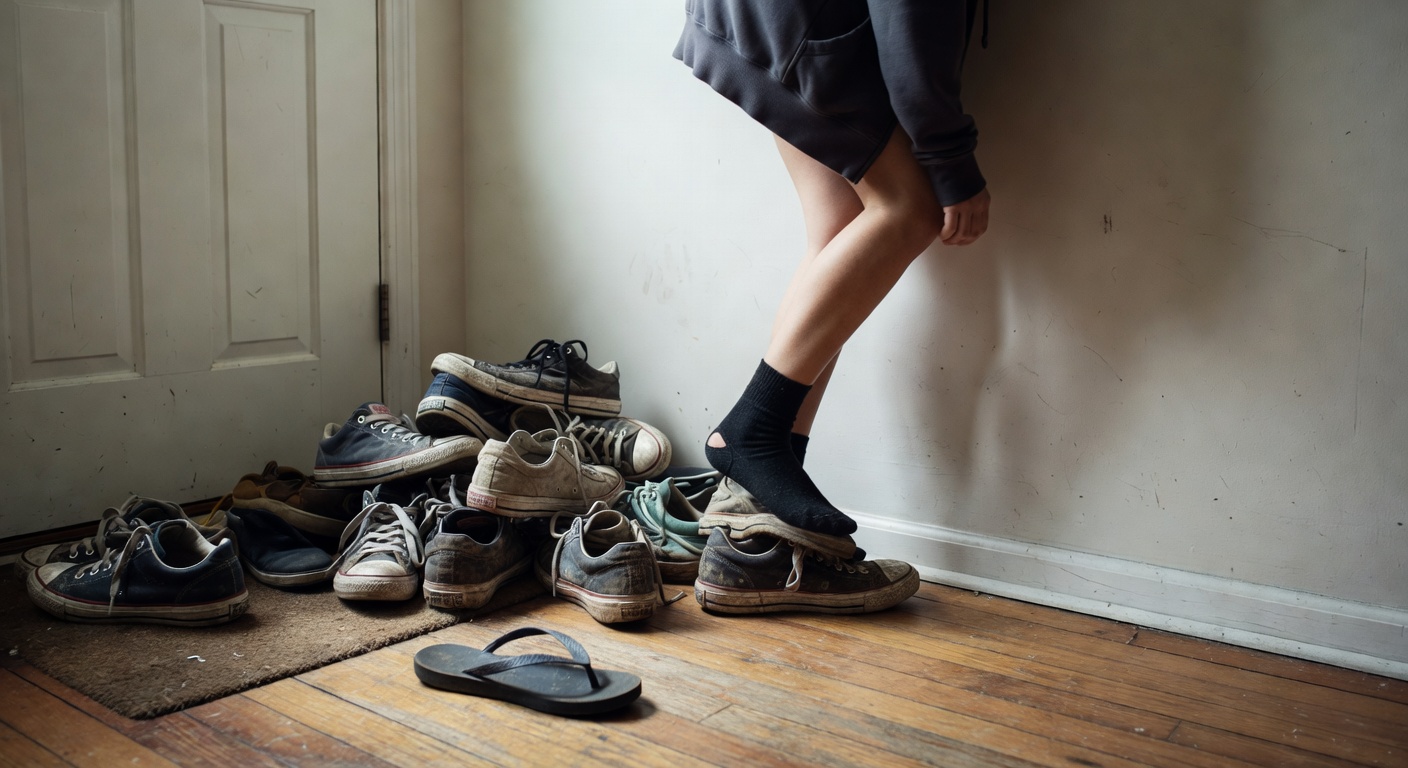 Messy entryway with shoes scattered near the front door and no organized storage space