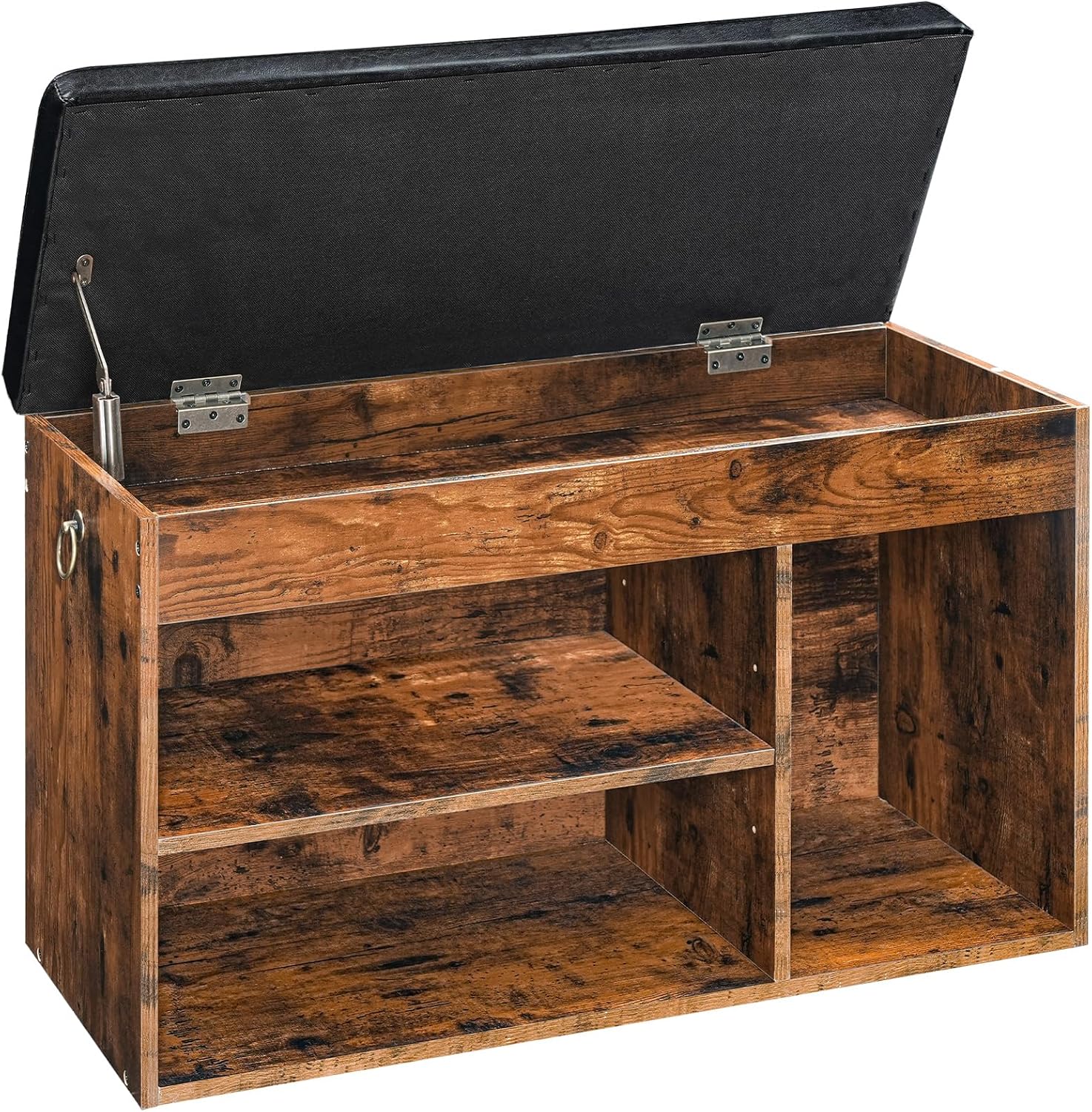 HOOBRO Shoe Storage Bench in rustic brown and black with cushioned seat and flip-top compartment open