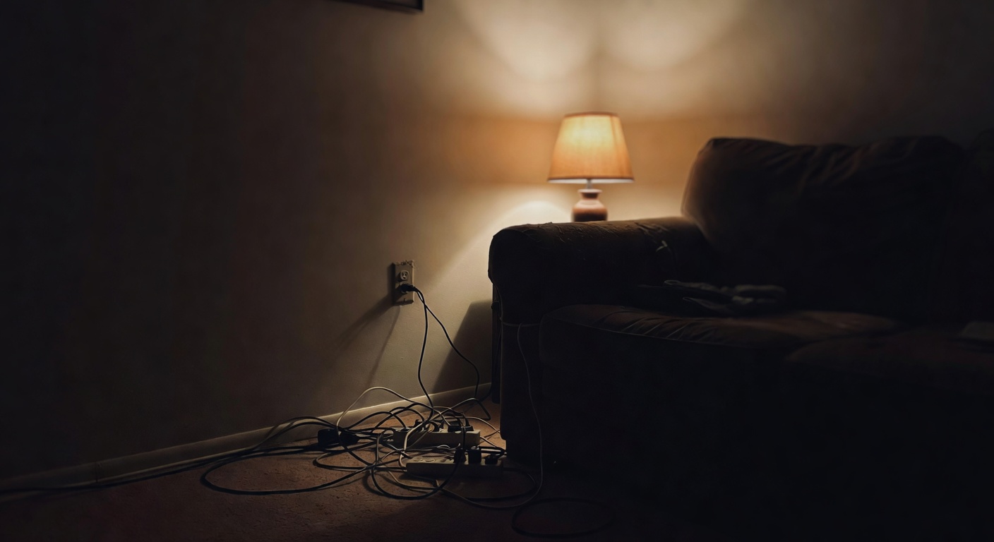 A table lamp glowing in an empty living room at night with no one near the switch