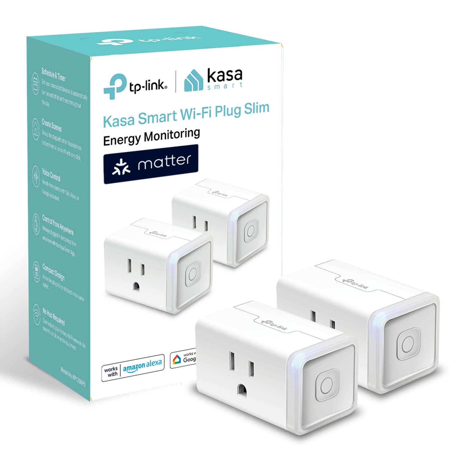 Two Kasa Smart Plug Minis plugged into a dual wall outlet with a lamp and fan connected