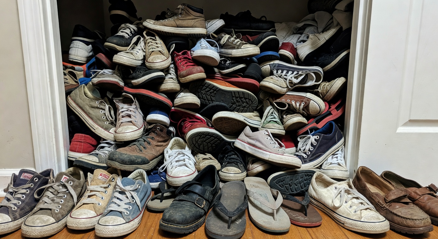 Shoes piled on a bedroom floor next to a bed with no storage underneath
