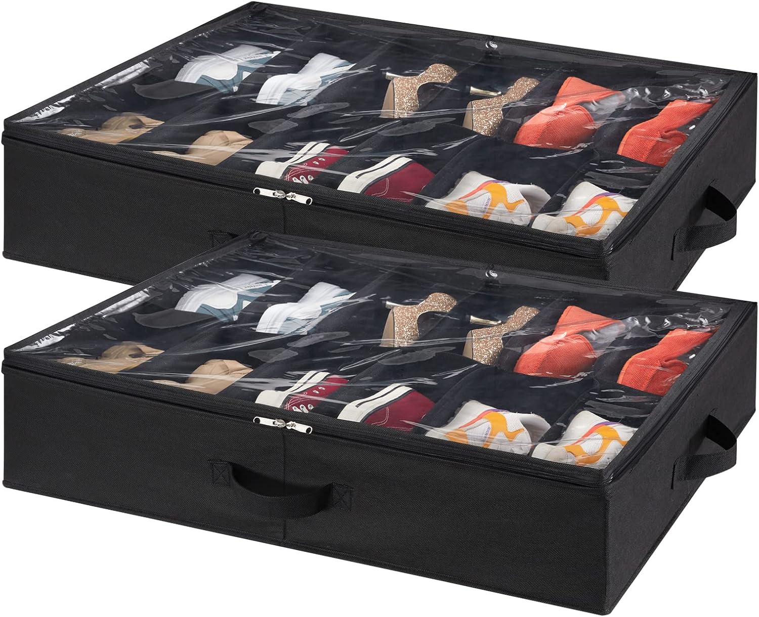 Lifewit under-bed shoe organizer pulled halfway out from under a bed showing clear window and organized shoe compartments