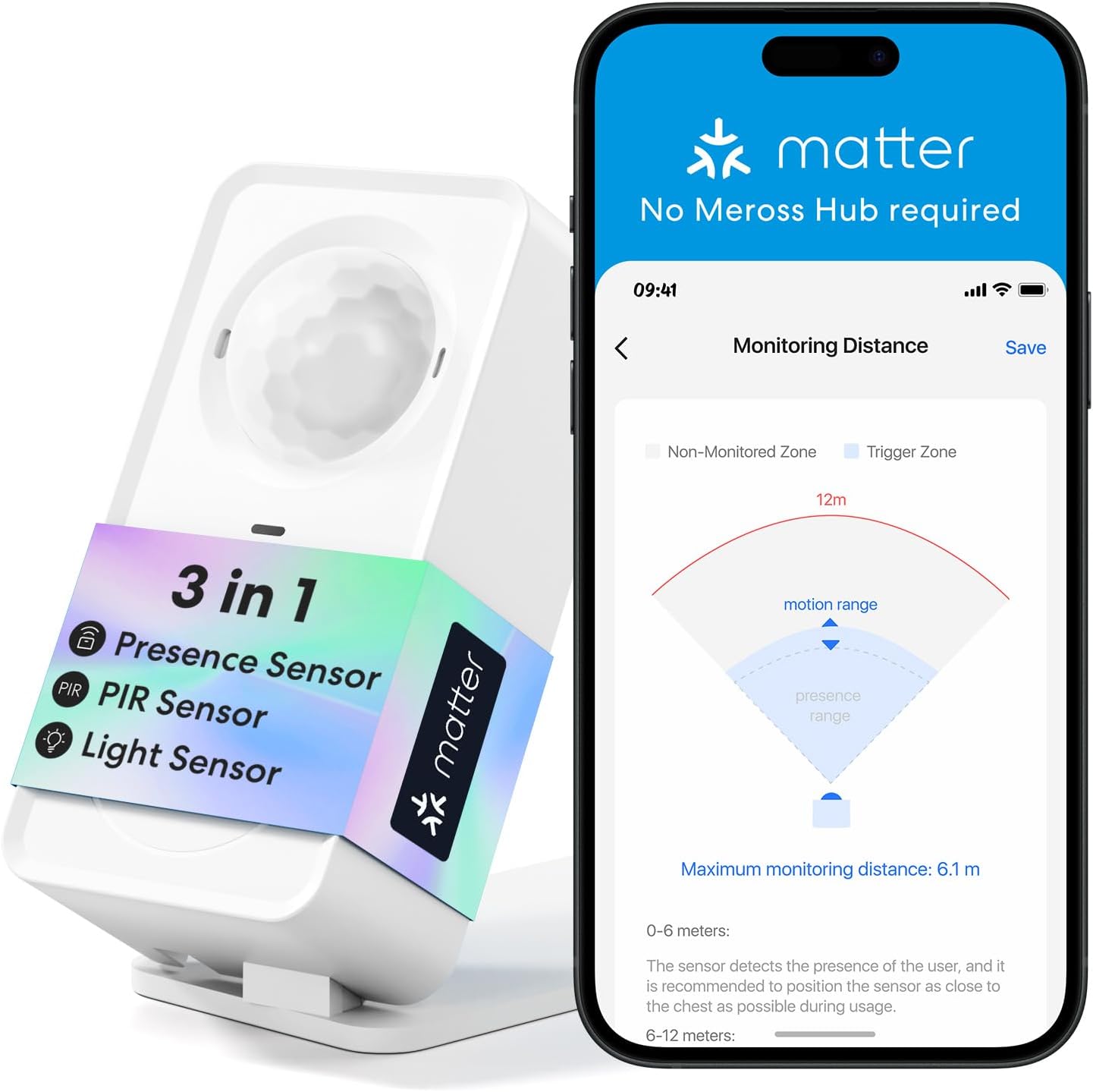 Meross mmWave presence sensor in white plastic housing, shown with ceiling mount bracket and USB-C cable