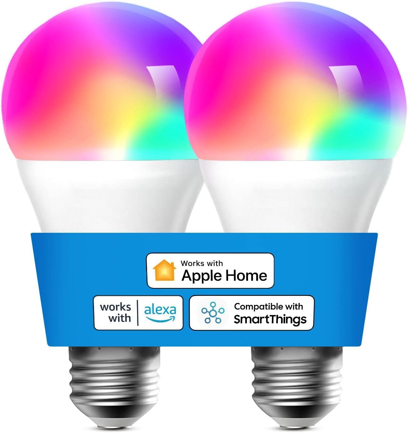 Meross smart LED color bulb in standard A19 form factor, box shown with HomeKit QR code visible