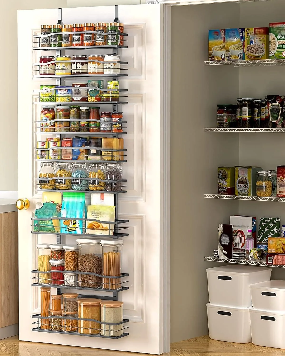 Moforoco 9-tier black over-the-door pantry organizer hanging on a door