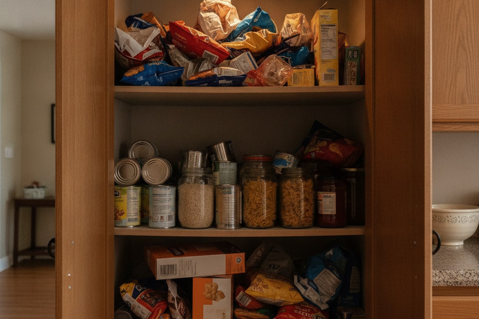 Cluttered pantry shelves where small bottles disappear in the back row