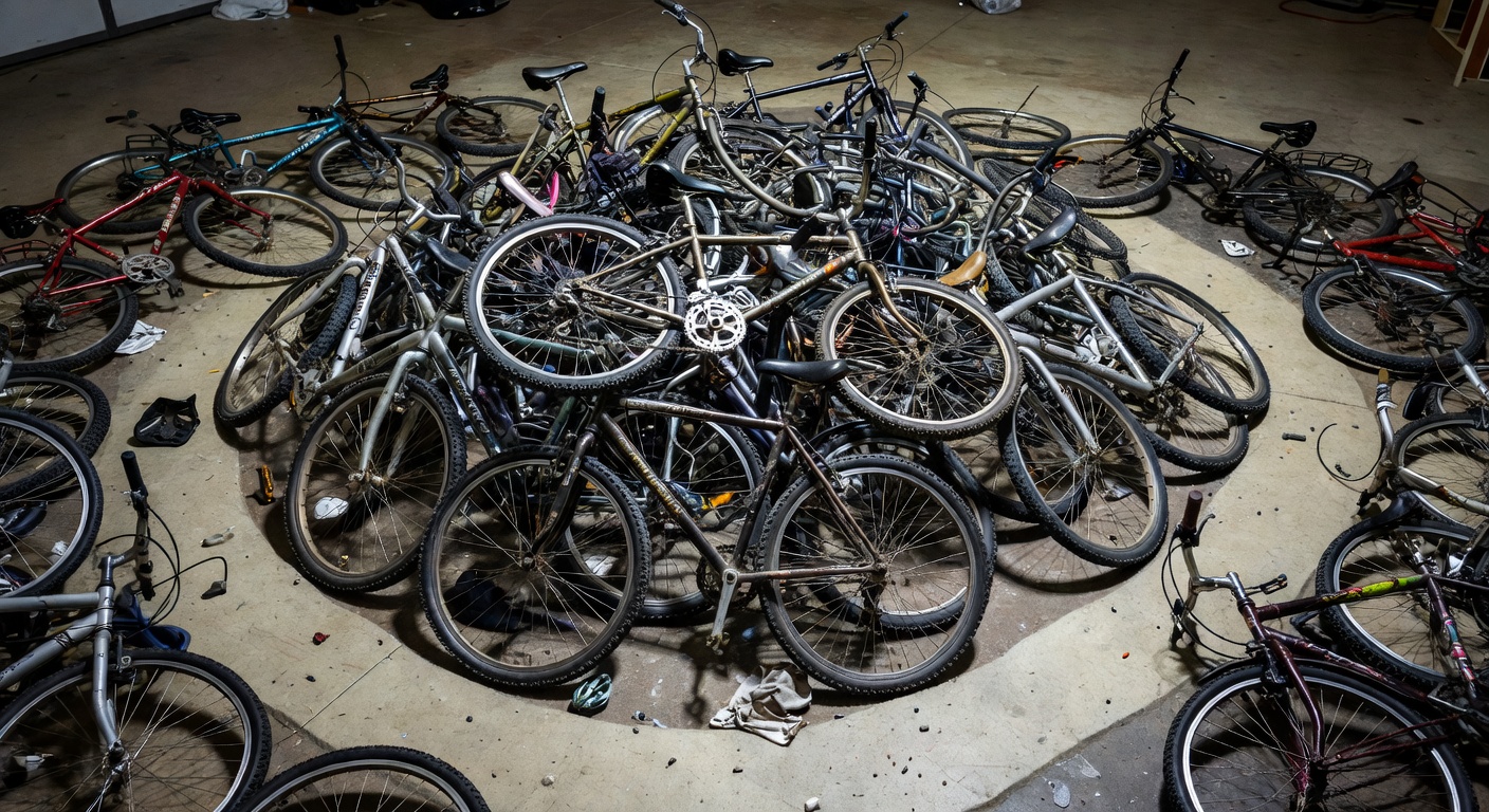 Garage floor with two bikes leaning against the wall blocking the car parking space and work area